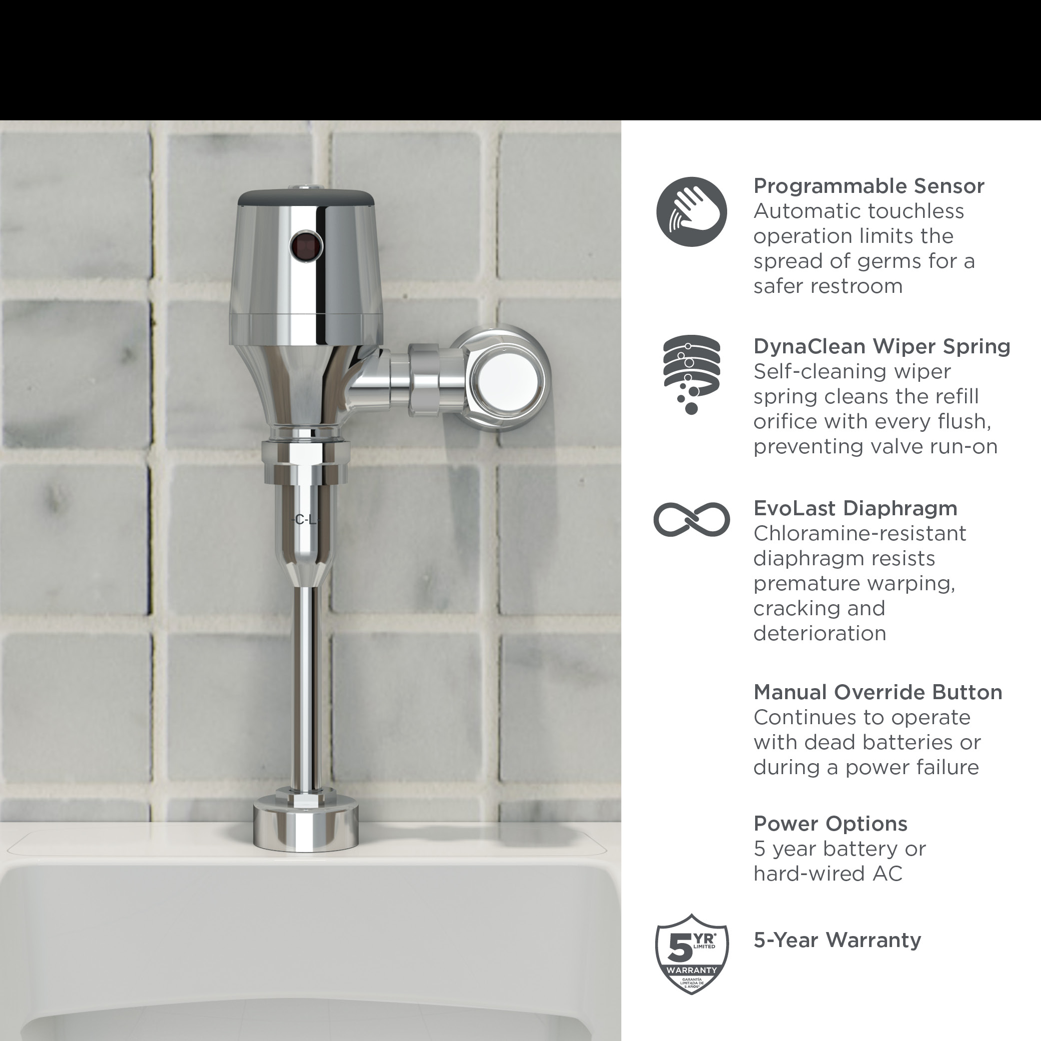 Ultima® Selectronic® Exposed Urinal Flush Valve, Diaphragm Type, Battery, 1.0 gpf/3.8 Lpf